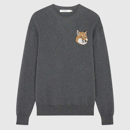 MAISON KITSUNE Men's Mini Fox Head Intarsia Knit KM00505KT1078 H170 DARK GREY MELANGE