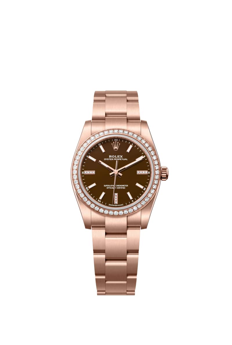 ROLEX 오이스터 퍼페츄얼 34 124245RBR 다이아몬드가 세팅된 브라운 스톤 다이얼 18캐럿 에버로즈 Gold
