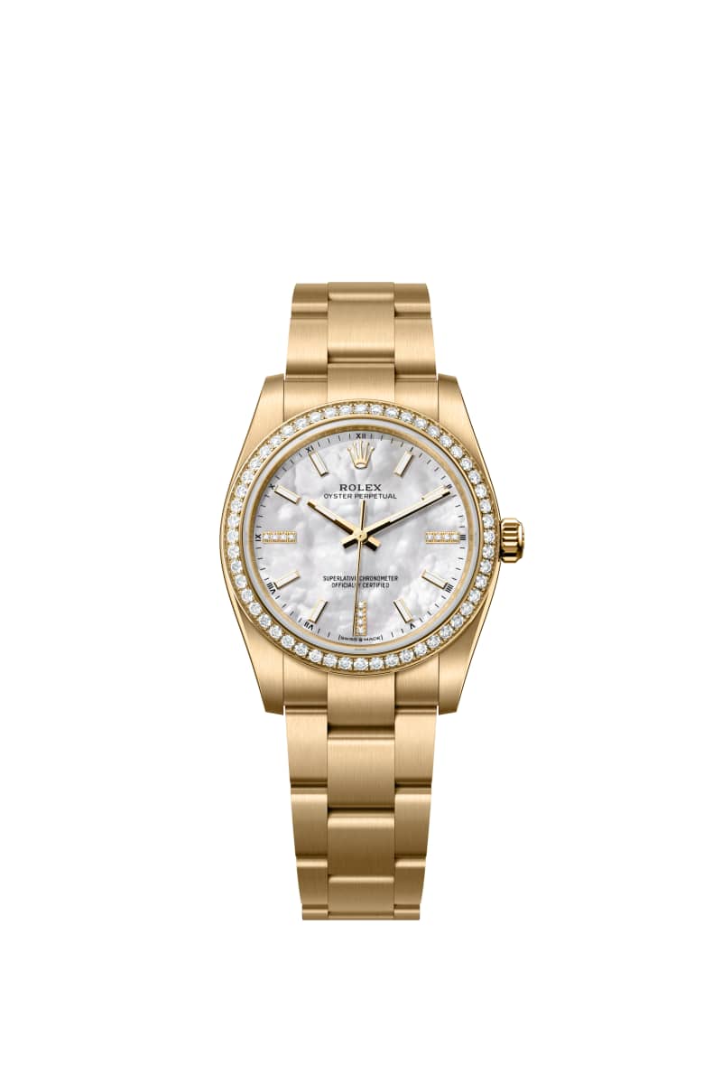ROLEX 오이스터 퍼페츄얼 34 124248RBR 다이아몬드가 세팅된 White 진주자개 다이얼 18캐럿 옐로우 Gold