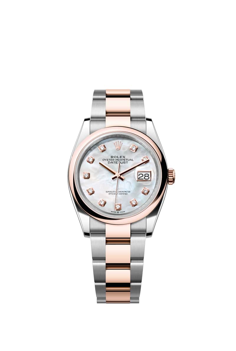 ROLEX 데이트저스트 36 126201 다이아몬드가 세팅된 White 진주자개 다이얼 오이스터스틸과 에버로즈 Gold