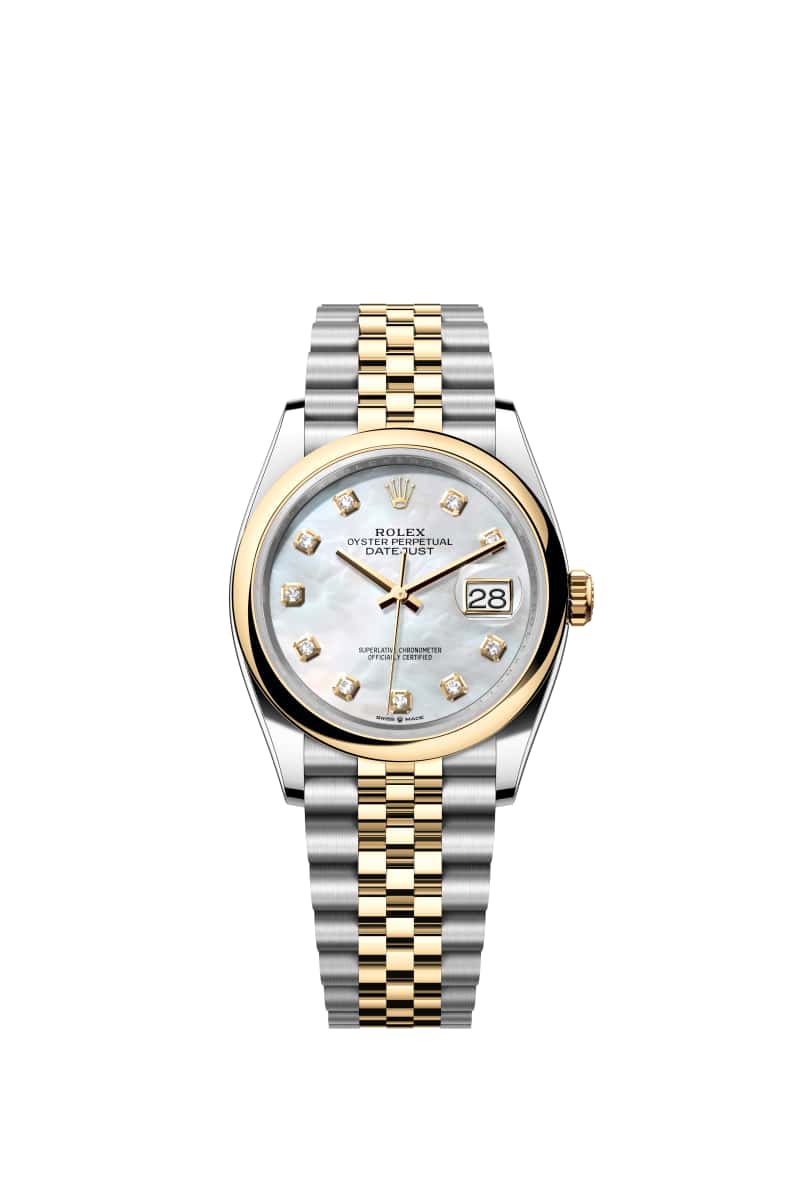 ROLEX 데이트저스트 36 126203 다이아몬드가 세팅된 White 진주자개 다이얼 오이스터스틸과 옐로우 Gold