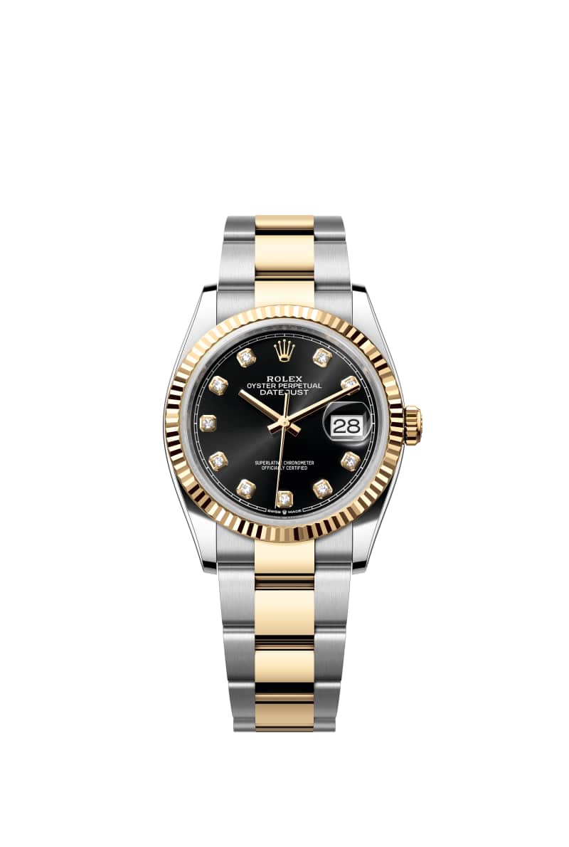 ROLEX 데이트저스트 36 126233 다이아몬드가 세팅된 브라이트 Black 다이얼 오이스터스틸과 옐로우 Gold