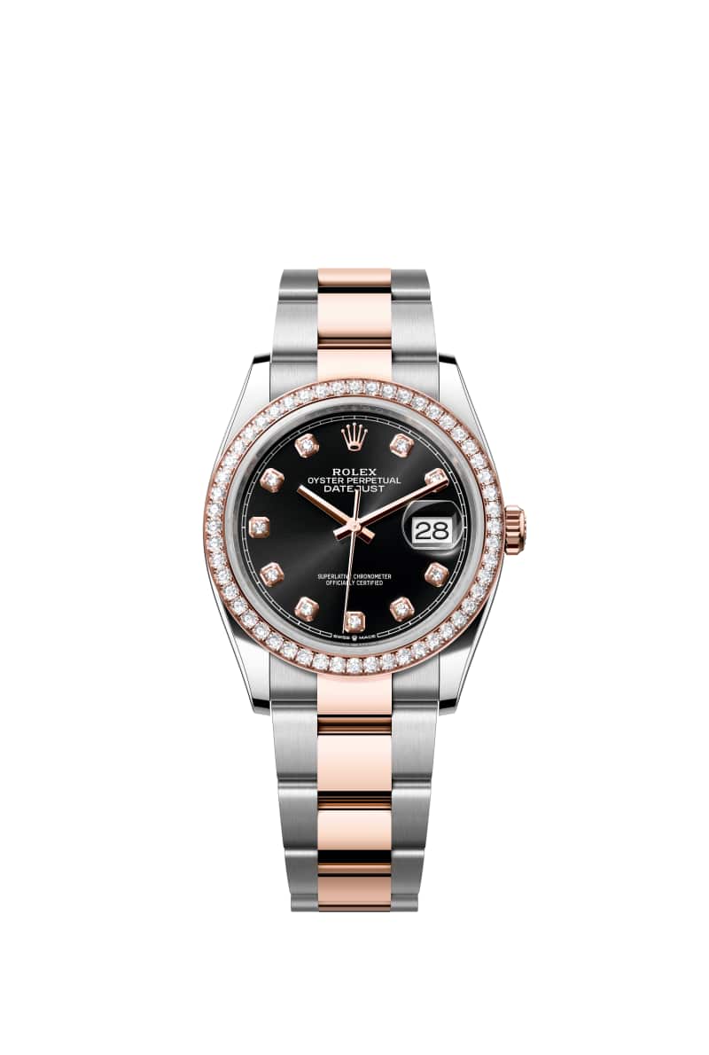 ROLEX 데이트저스트 36 126281RBR 다이아몬드가 세팅된 브라이트 Black 다이얼 오이스터스틸과 에버로즈 Gold