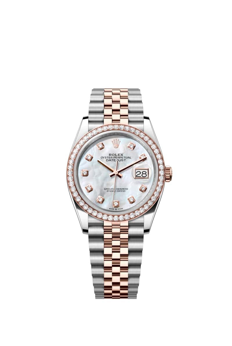 ROLEX 데이트저스트 36 126281RBR 다이아몬드가 세팅된 White 진주자개 다이얼 오이스터스틸과 에버로즈 Gold