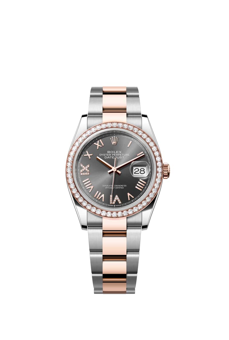 ROLEX 데이트저스트 36 126281RBR 다이아몬드가 세팅된 슬레이트 다이얼 오이스터스틸과 에버로즈 Gold