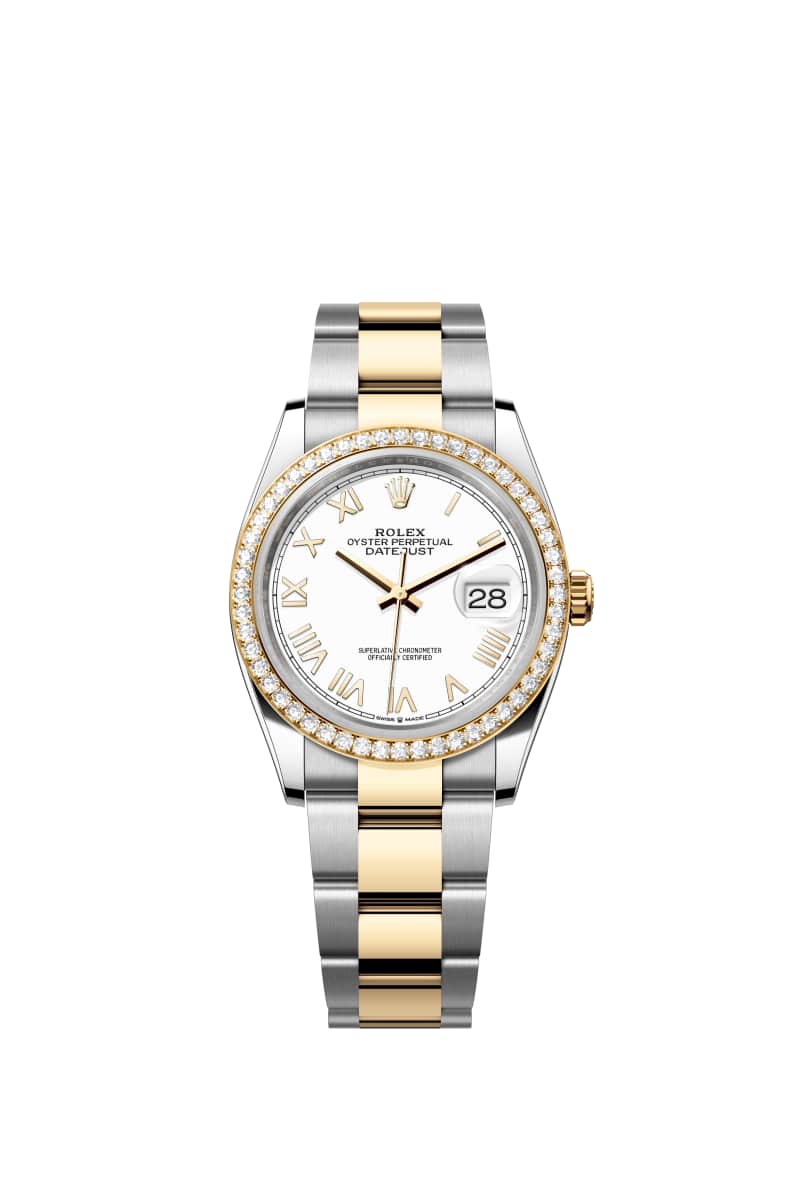 ROLEX ๋ฐ์ดํธ์ ์คํธ 36 126283RBR White ๋ค์ด์ผ ์ค์ด์คํฐ์คํธ๊ณผ ์๋ก์ฐ Gold