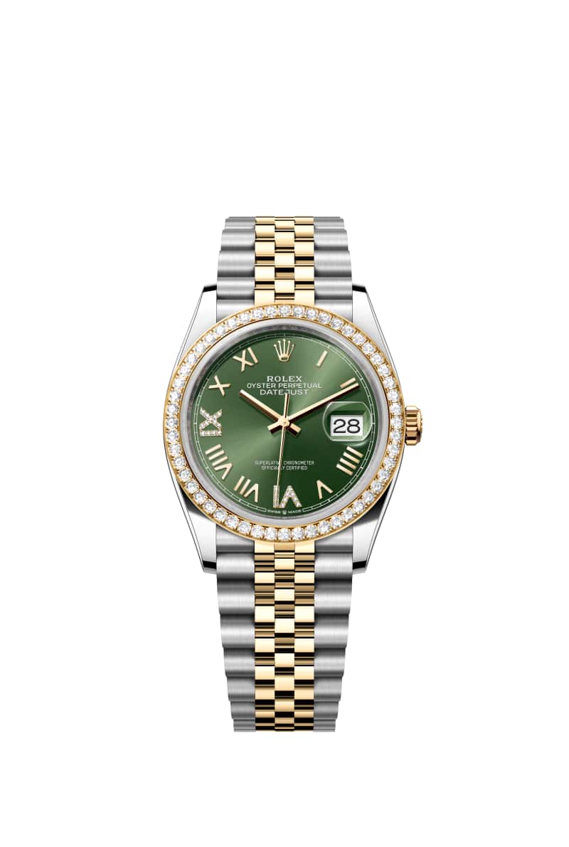 ROLEX 데이트저스트 36 126283RBR 다이아몬드가 세팅된 올리브 그린 다이얼 오이스터스틸과 옐로우 Gold