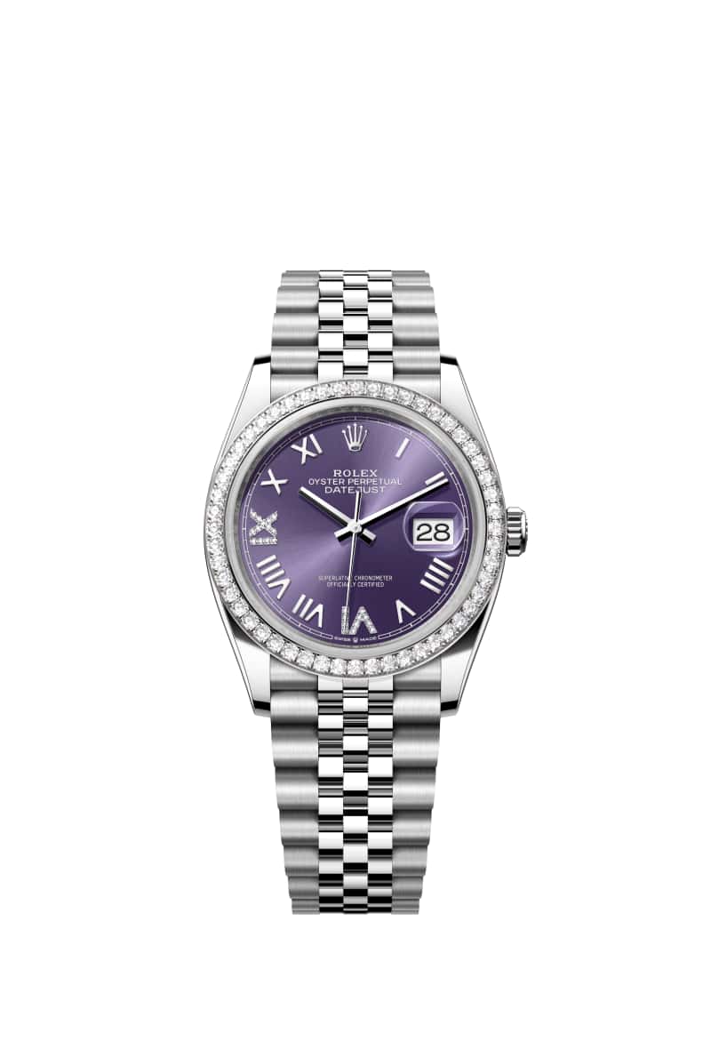 ROLEX 데이트저스트 36 126284RBR 다이아몬드가 세팅된 오베르진 다이얼 오이스터스틸과 White Gold