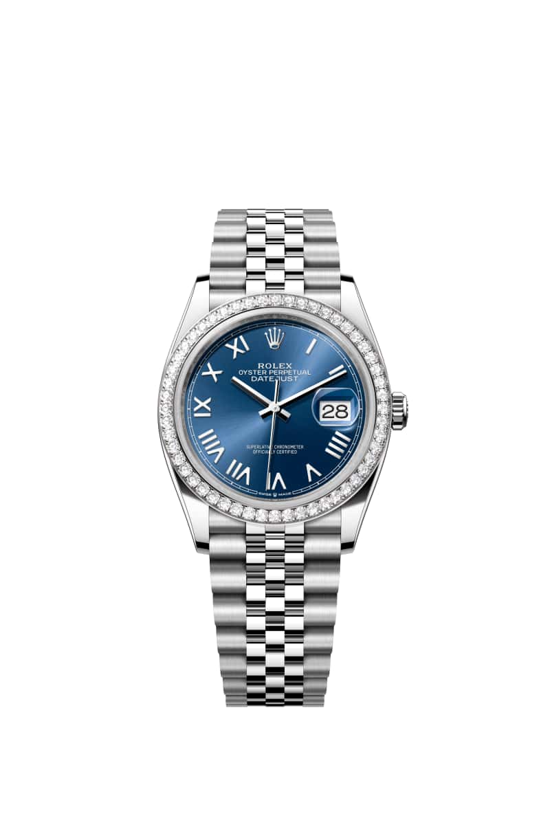 ROLEX ๋ฐ์ดํธ์ ์คํธ 36 126284RBR ๋ธ๋ผ์ดํธ ๋ธ๋ฃจ ๋ค์ด์ผ ์ค์ด์คํฐ์คํธ๊ณผ White Gold
