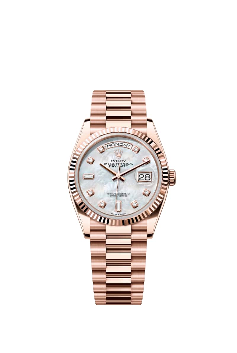 ROLEX Day-데이트 36 128235 다이아몬드가 세팅된 White 진주자개 다이얼 18캐럿 에버로즈 Gold
