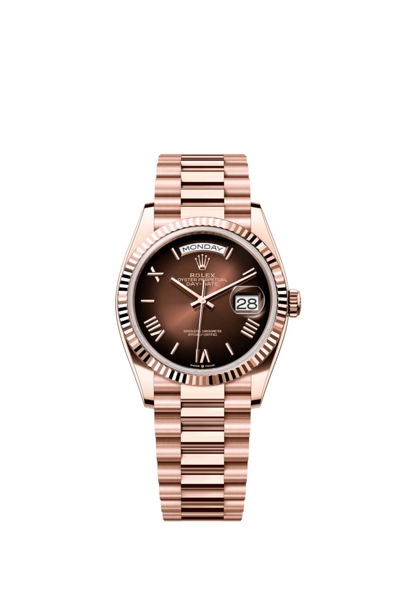 ROLEX Day-데이트 36 128235 브라운 옴브레 다이얼 18캐럿 에버로즈 Gold