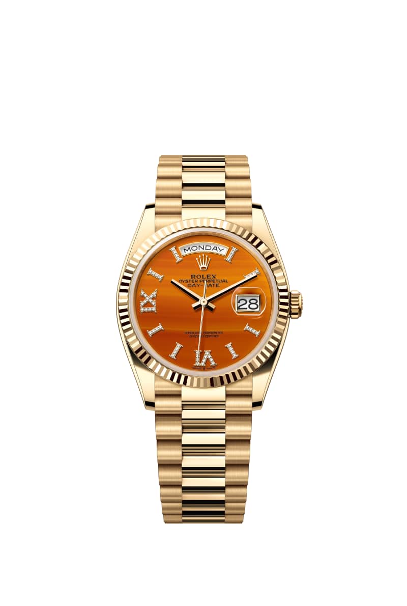 ROLEX Day-데이트 36 128238 다이아몬드가 세팅된 카넬리안 다이얼 18캐럿 옐로우 Gold