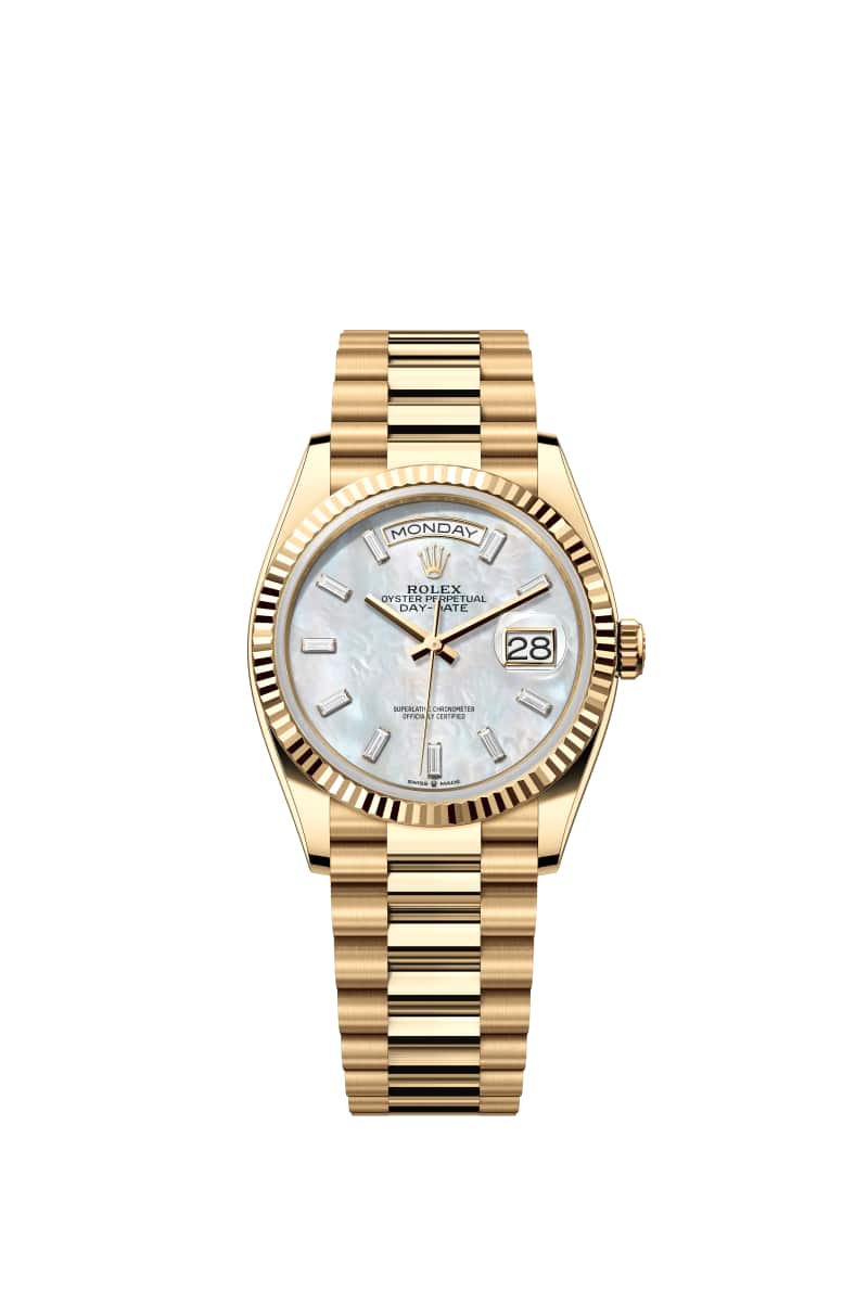 ROLEX Day-데이트 36 128238 다이아몬드가 세팅된 White 진주자개 다이얼 18캐럿 옐로우 Gold