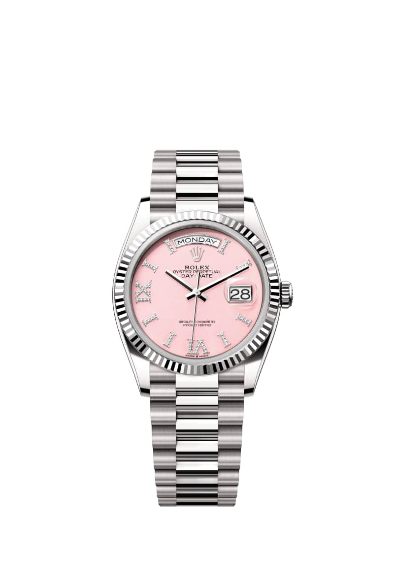 ROLEX Day-데이트 36 128239 다이아몬드가 세팅된 핑크 오팔 다이얼 18캐럿 White Gold