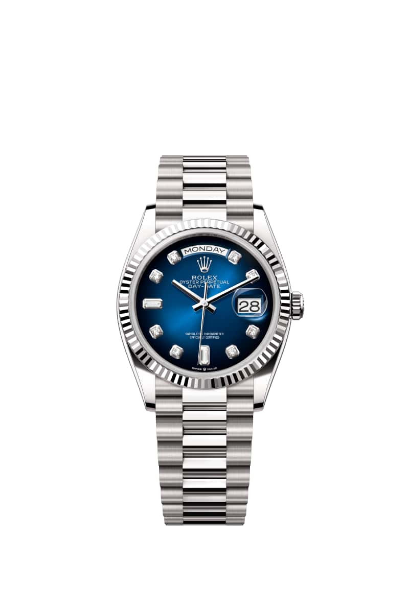 ROLEX Day-데이트 36 128239 다이아몬드가 세팅된 블루 옴브레 다이얼 18캐럿 White Gold