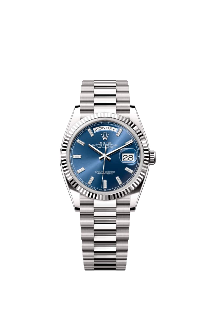 ROLEX Day-데이트 36 128239 다이아몬드가 세팅된 브라이트 블루 다이얼 18캐럿 White Gold