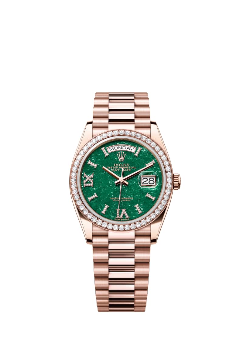 ROLEX Day-데이트 36 128345RBR 다이아몬드가 세팅된 그린 어벤추린 다이얼 18캐럿 에버로즈 Gold