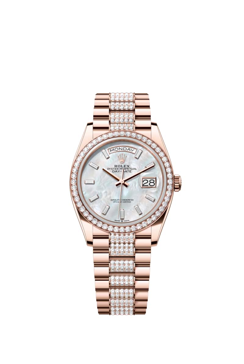 ROLEX Day-데이트 36 128345RBR 다이아몬드가 세팅된 White 진주자개 다이얼 18캐럿 에버로즈 Gold