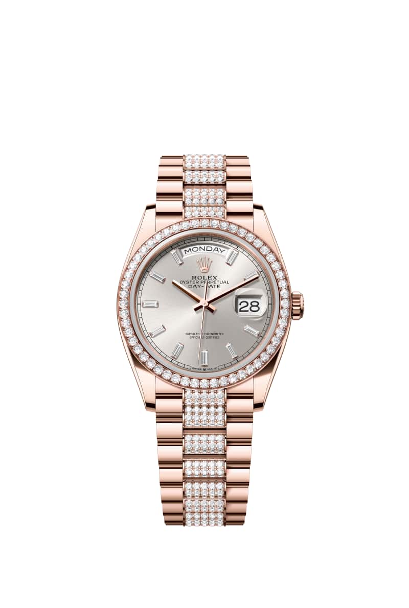 ROLEX Day-데이트 36 128345RBR 다이아몬드가 세팅된 Silver 다이얼 18캐럿 에버로즈 Gold