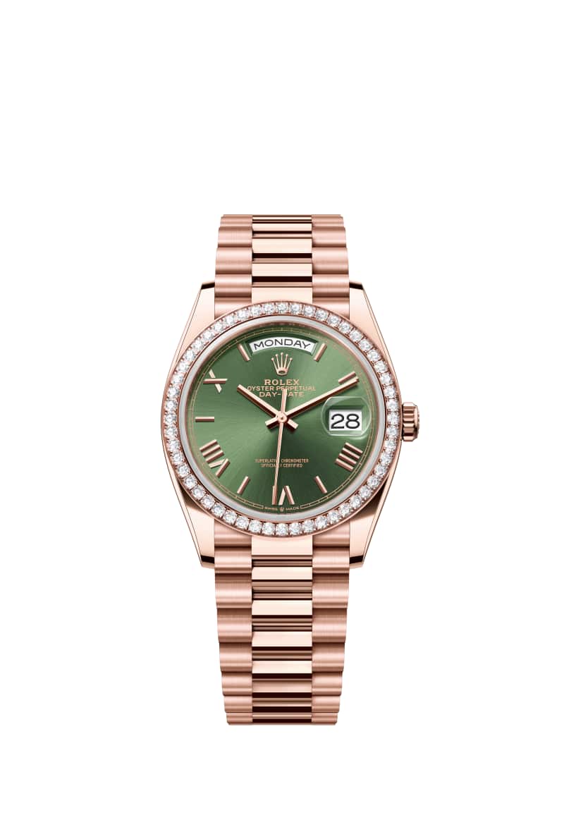 ROLEX Day-데이트 36 128345RBR 올리브 그린 다이얼 18캐럿 에버로즈 Gold