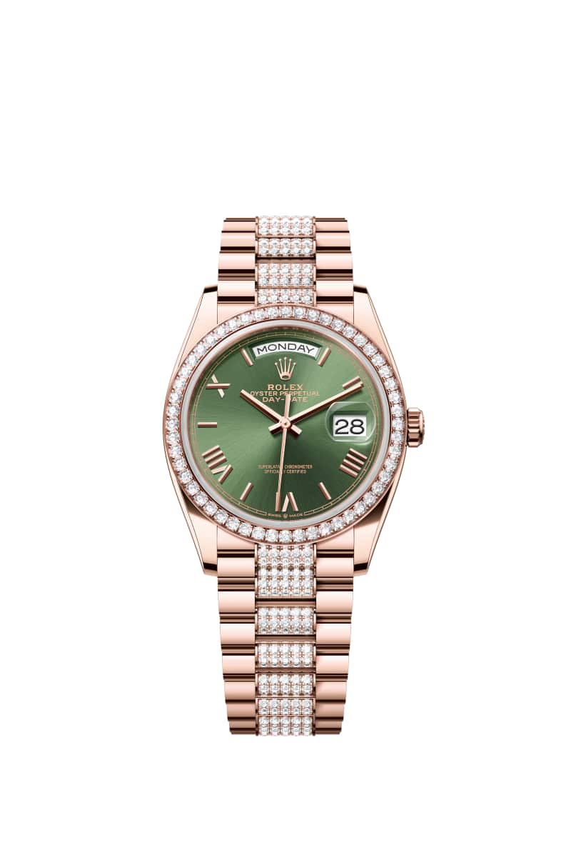 ROLEX Day-데이트 36 128345RBR 올리브 그린 다이얼 18캐럿 에버로즈 Gold