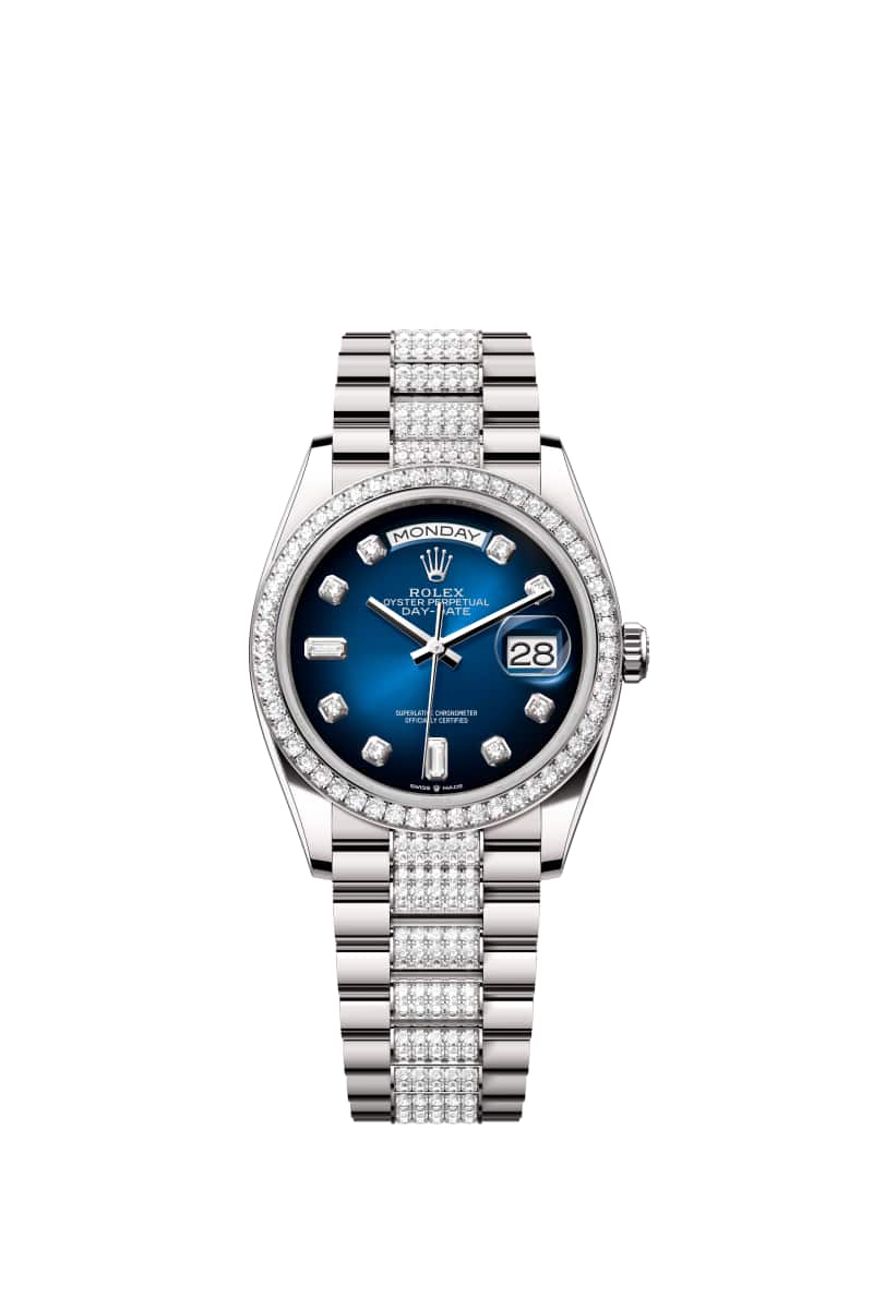 ROLEX Day-데이트 36 128349RBR 다이아몬드가 세팅된 블루 옴브레 다이얼 18캐럿 White Gold