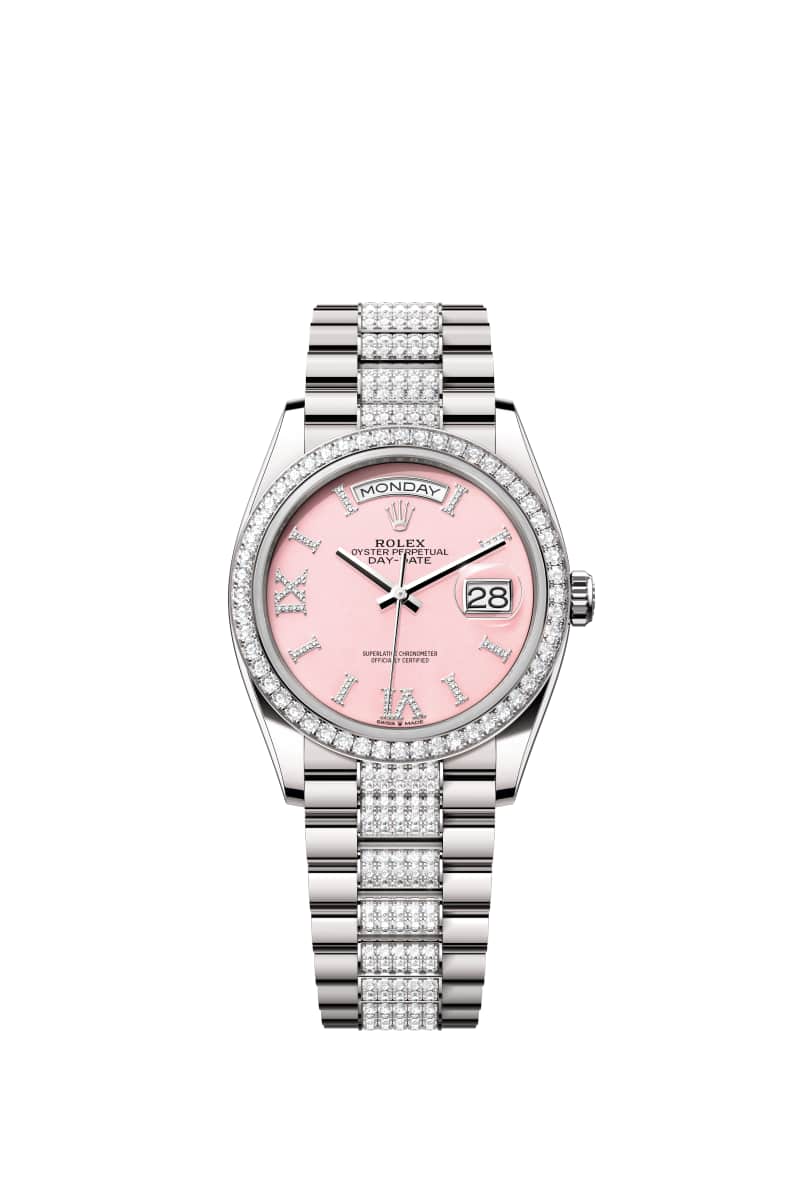 ROLEX Day-데이트 36 128349RBR 다이아몬드가 세팅된 핑크 오팔 다이얼 18캐럿 White Gold