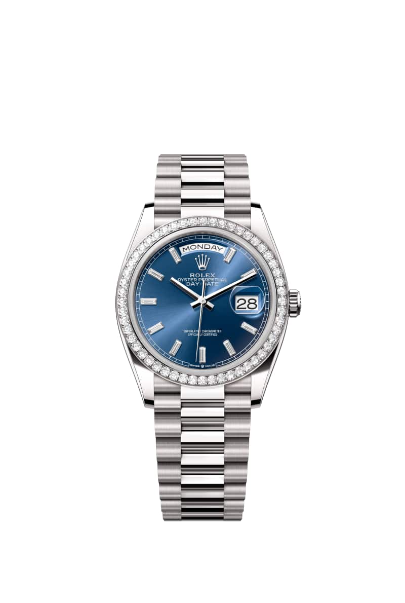 ROLEX Day-데이트 36 128349RBR 다이아몬드가 세팅된 브라이트 블루 다이얼 18캐럿 White Gold