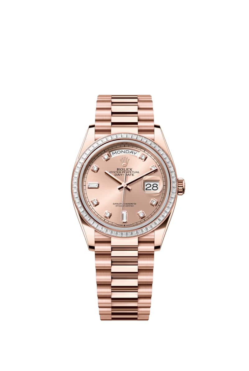 ROLEX Day-데이트 36 128395TBR 다이아몬드가 세팅된 Rose Color 다이얼 18캐럿 에버로즈 Gold