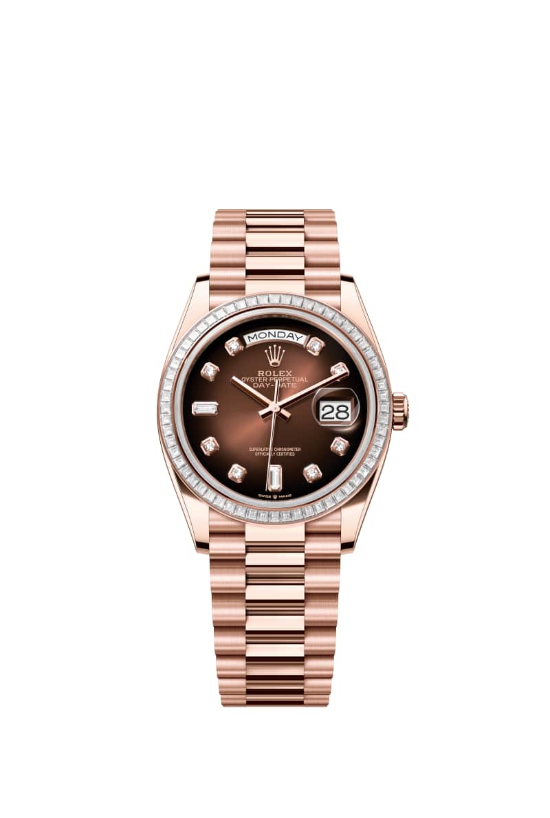 ROLEX Day-데이트 36 128395TBR 다이아몬드가 세팅된 브라운 옴브레 다이얼 18캐럿 에버로즈 Gold
