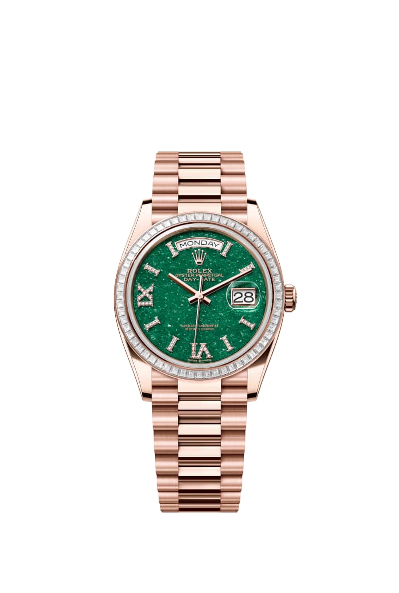ROLEX Day-데이트 36 128395TBR 다이아몬드가 세팅된 그린 어벤추린 다이얼 18캐럿 에버로즈 Gold