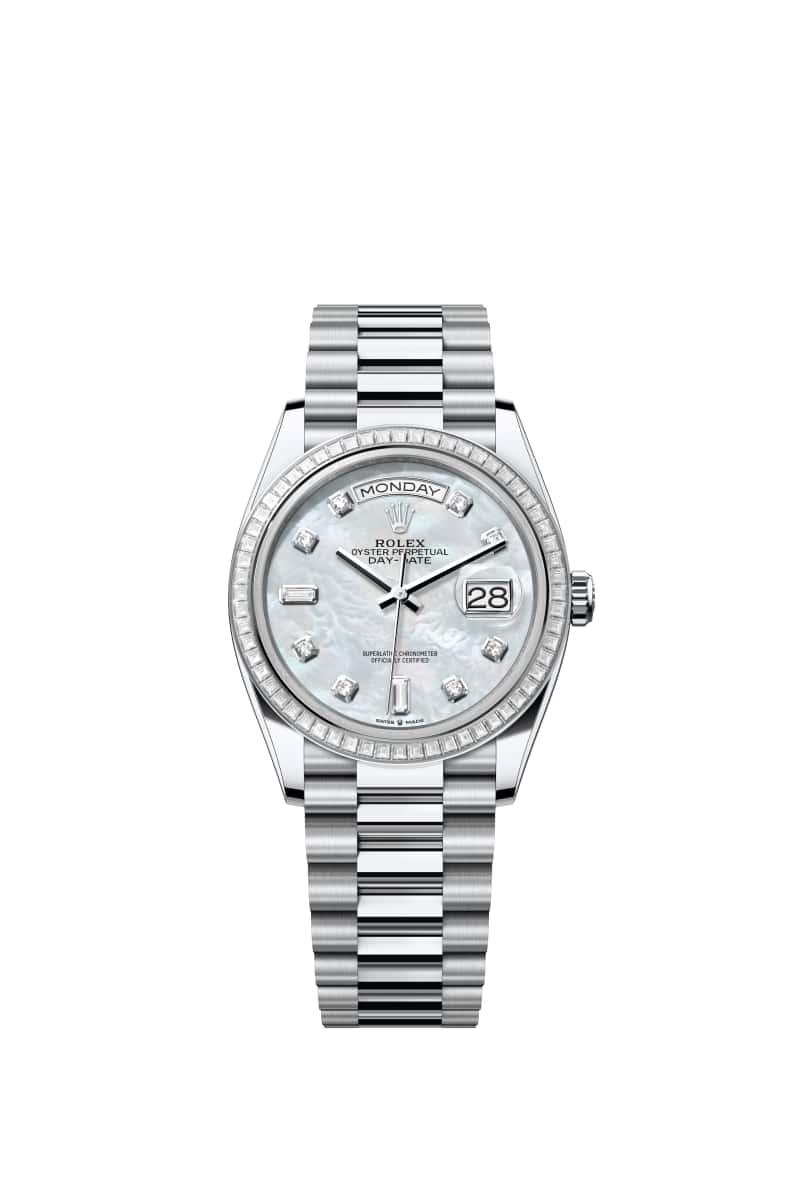 ROLEX Day-데이트 36 128396TBR 다이아몬드가 세팅된 White 진주자개 다이얼 플래티넘