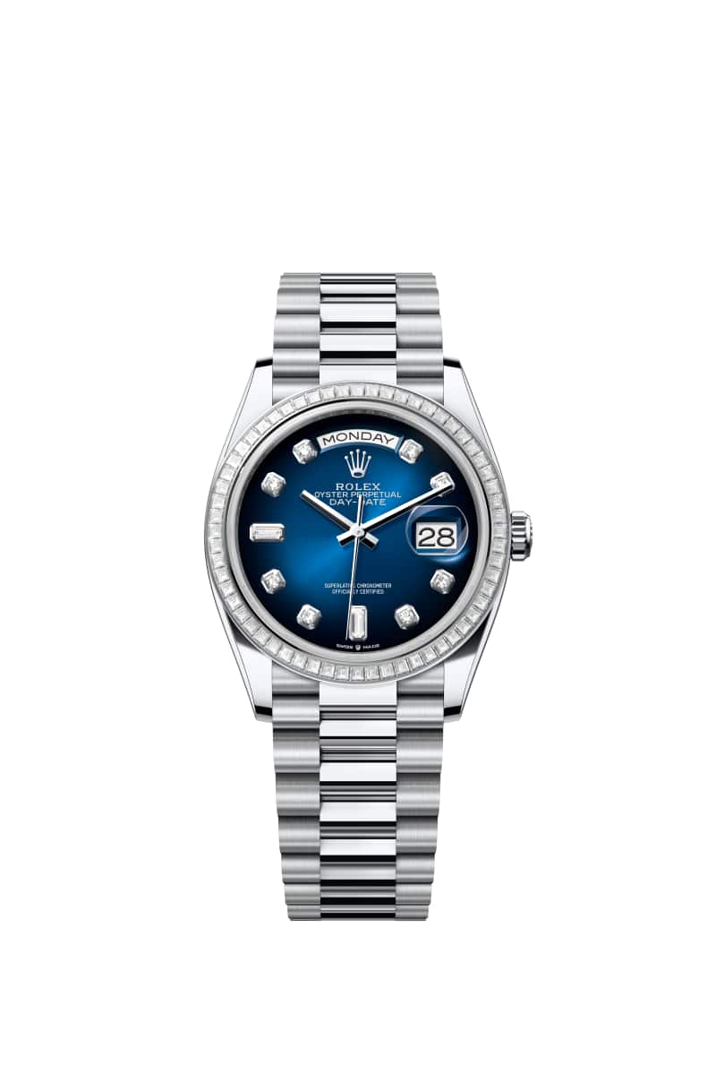 ROLEX Day-데이트 36 128396TBR 다이아몬드가 세팅된 블루 옴브레 다이얼 플래티넘