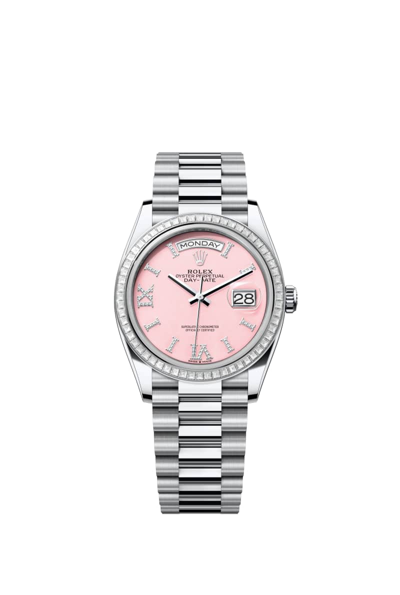 ROLEX Day-데이트 36 128396TBR 다이아몬드가 세팅된 핑크 오팔 다이얼 플래티넘