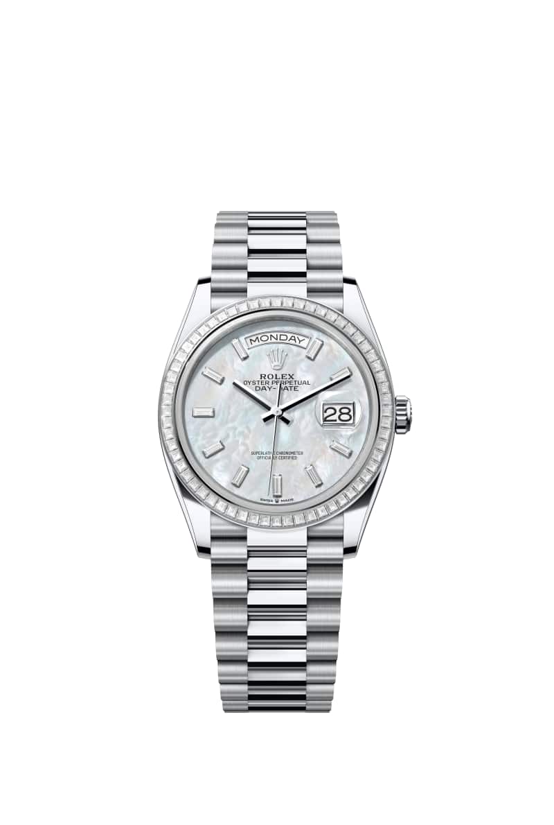 ROLEX Day-데이트 36 128396TBR 다이아몬드가 세팅된 White 진주자개 다이얼 플래티넘