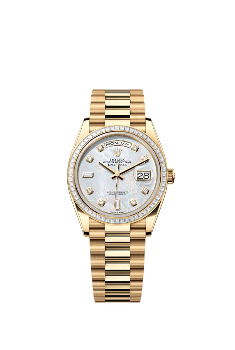 ROLEX Day-데이트 36 128398TBR 다이아몬드가 세팅된 White 진주자개 다이얼 18캐럿 옐로우 Gold