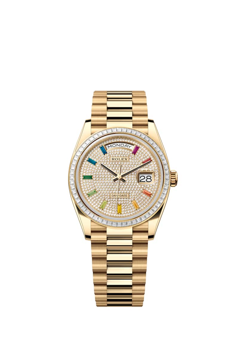 ROLEX Day-데이트 36 128398TBR Diamond 파베 다이얼 18캐럿 옐로우 Gold