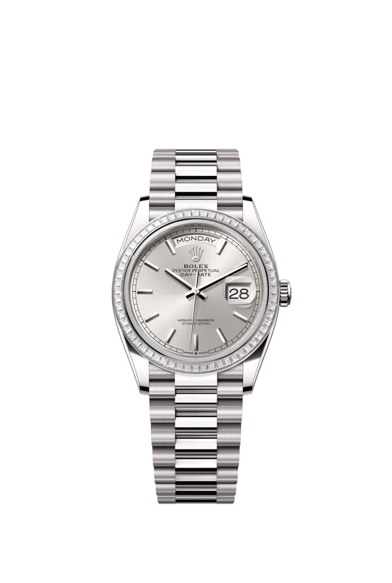 ROLEX Day-๋ฐ์ดํธ 36 128399TBR Silver ๋ค์ด์ผ 18์บ๋ฟ White Gold