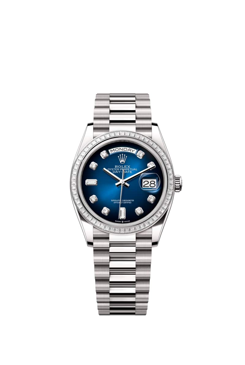 ROLEX Day-데이트 36 128399TBR 다이아몬드가 세팅된 블루 옴브레 다이얼 18캐럿 White Gold