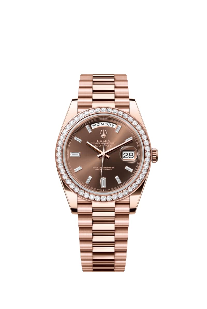 ROLEX Day-데이트 40 228345RBR 다이아몬드가 세팅된 초콜렛 다이얼 18캐럿 에버로즈 Gold