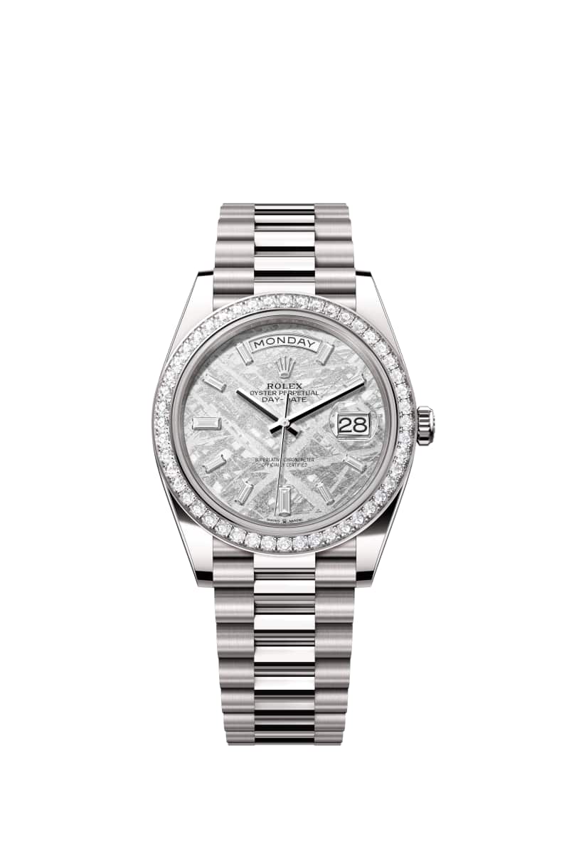 ROLEX Day-데이트 40 228349RBR 다이아몬드가 세팅된 메테오라이트 다이얼 18캐럿 White Gold