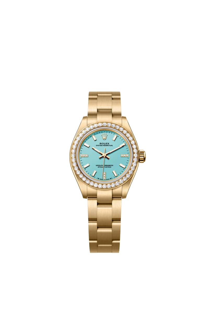 ROLEX 오이스터 퍼페츄얼 28 276248RBR 다이아몬드가 세팅된 터콰이즈 블루 다이얼 18캐럿 옐로우 Gold