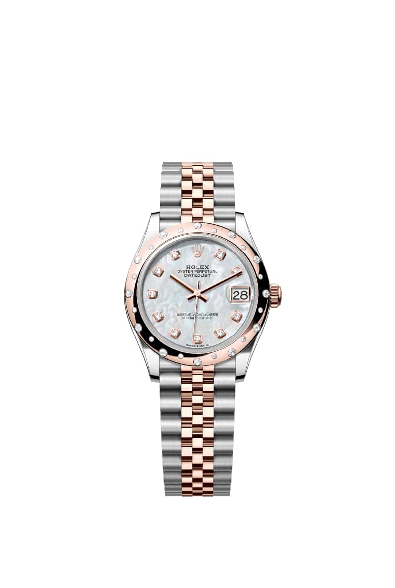ROLEX 데이트저스트 31 278341RBR 다이아몬드가 세팅된 White 진주자개 다이얼 오이스터스틸과 에버로즈 Gold