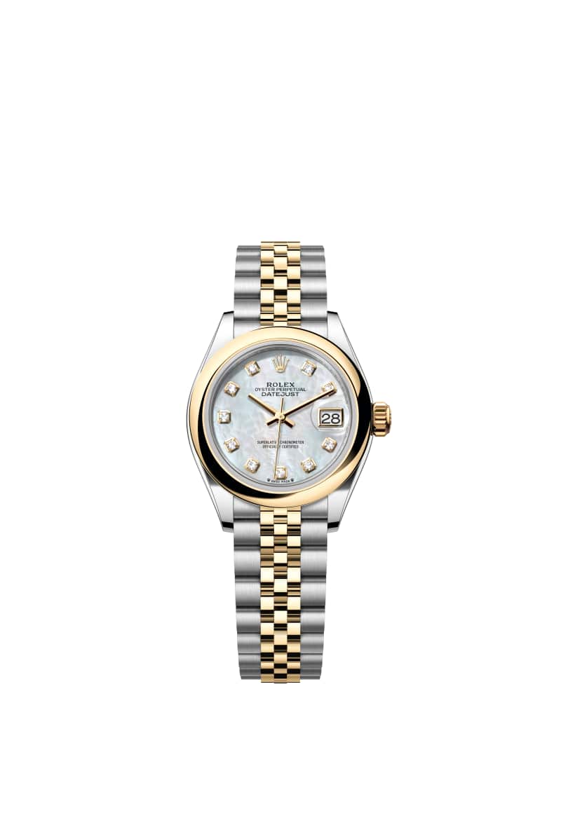 ROLEX Lady-데이트저스트 28 279163 다이아몬드가 세팅된 White 진주자개 다이얼 오이스터스틸과 옐로우 Gold