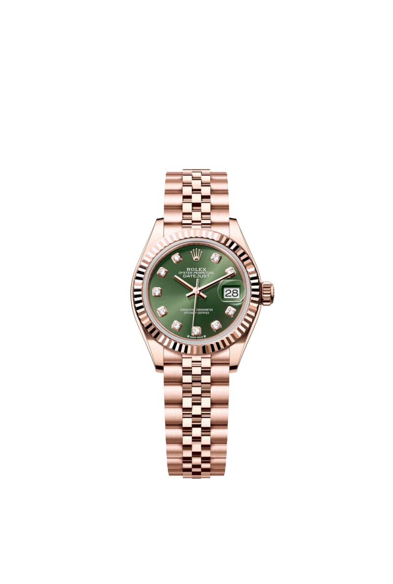 ROLEX Lady-데이트저스트 28 279175 다이아몬드가 세팅된 올리브 그린 다이얼 18캐럿 에버로즈 Gold