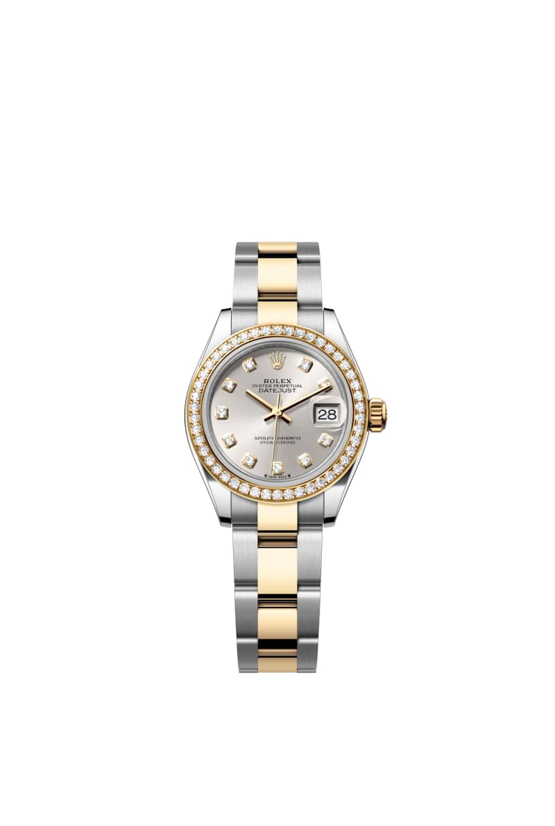 ROLEX Lady-데이트저스트 28 279383RBR 다이아몬드가 세팅된 Silver 다이얼 오이스터스틸과 옐로우 Gold