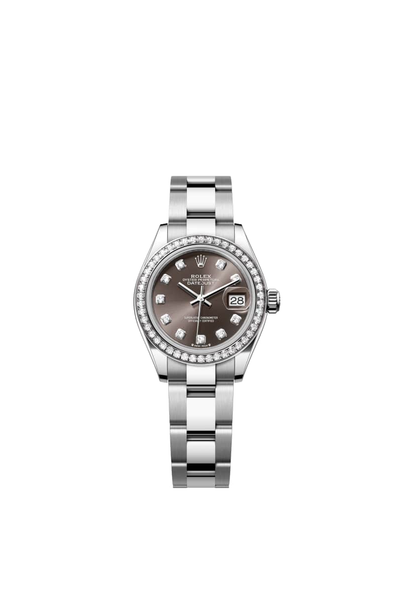 ROLEX Lady-데이트저스트 28 279384RBR 다이아몬드가 세팅된 다크 그레이 다이얼 오이스터스틸과 White Gold