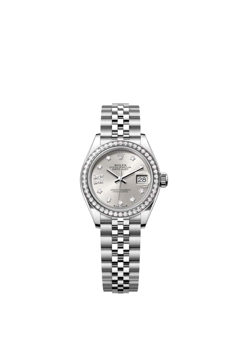 ROLEX Lady-데이트저스트 28 279384RBR 다이아몬드가 세팅된 Silver 다이얼 오이스터스틸과 White Gold