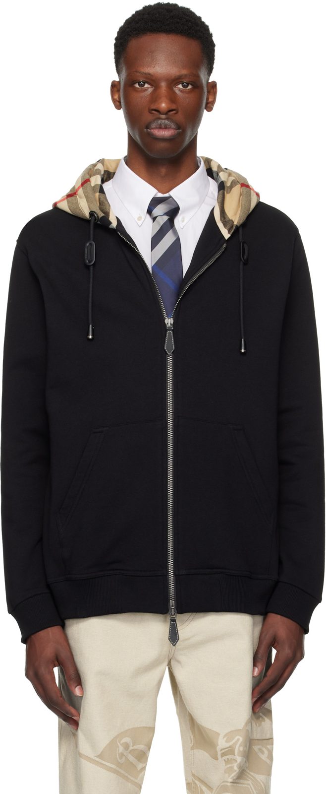 Black Check Hood Cotton Zip Hoodie 252376M202006