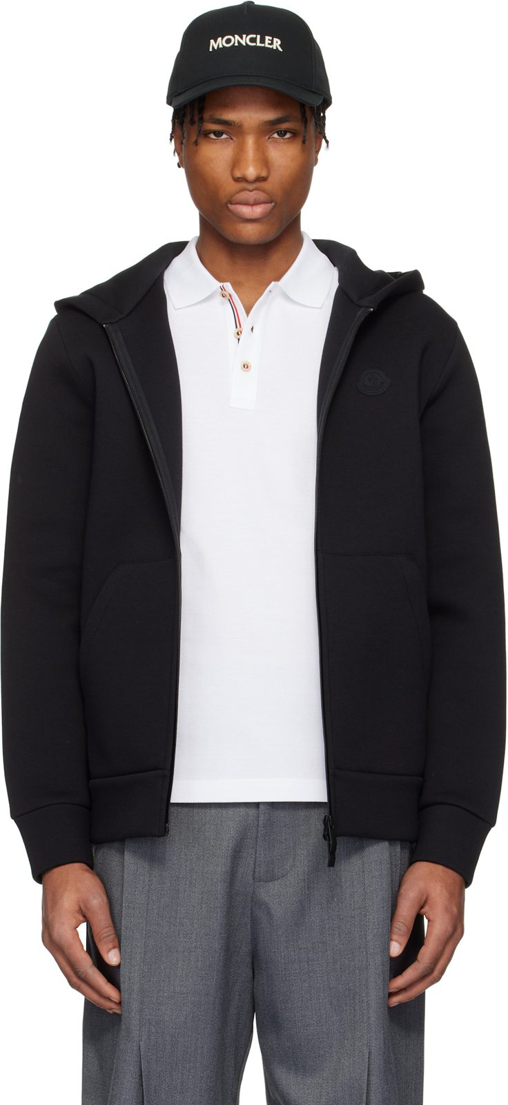 Black Cotton & Neoprene Zip-Up Hoodie 251111M202023